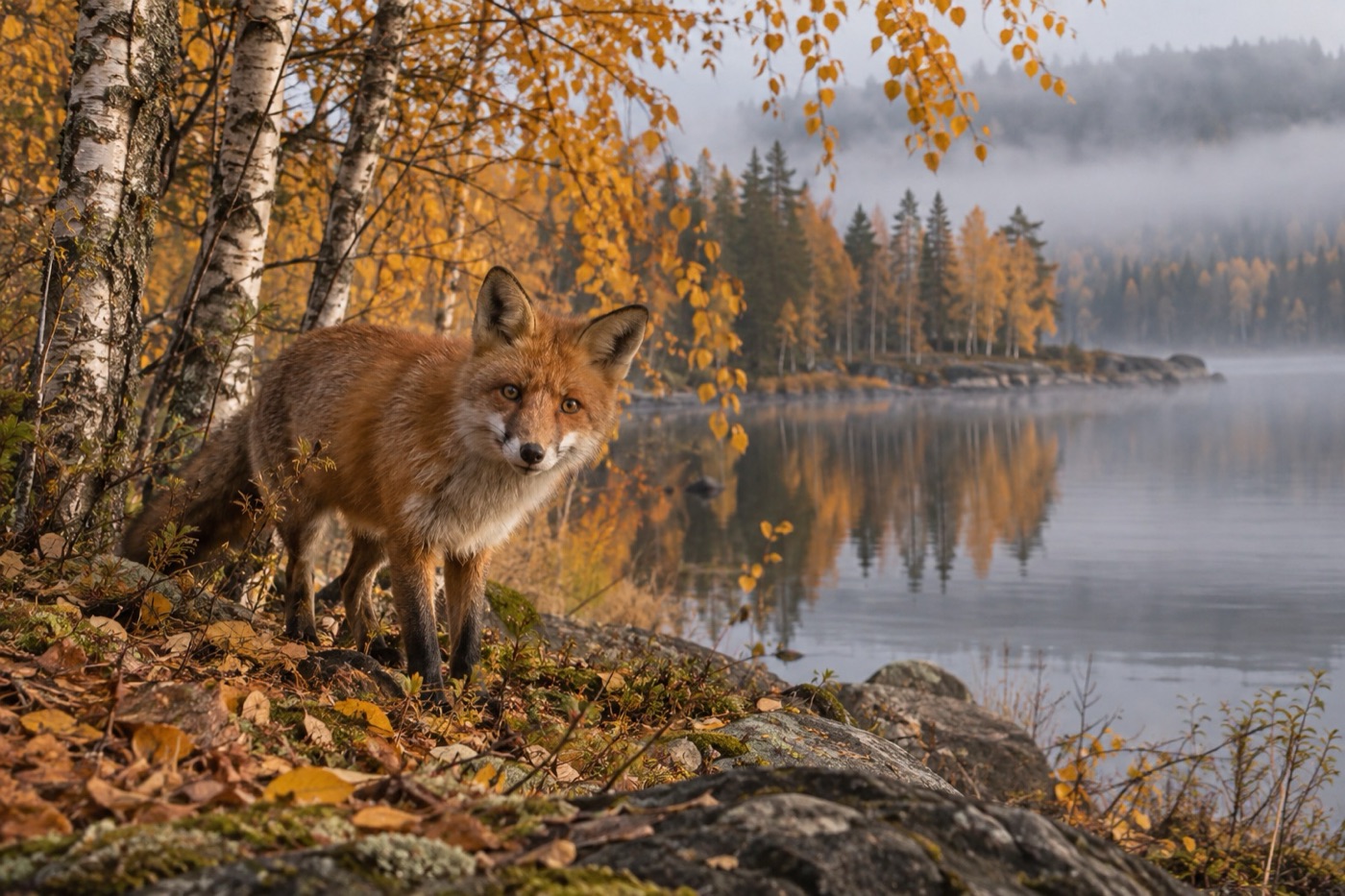 Rotfuchs zwischen Birken am herbstlichen Seeufer